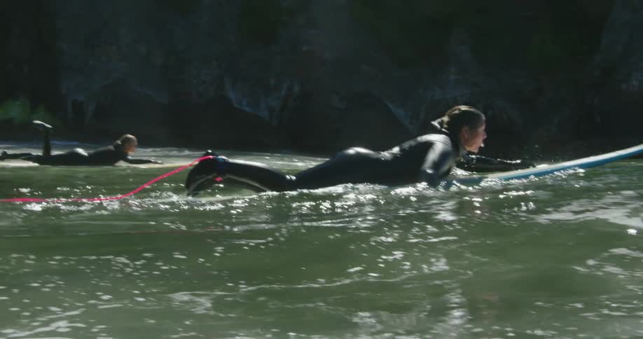 Two women paddling on surf boards in the ocean