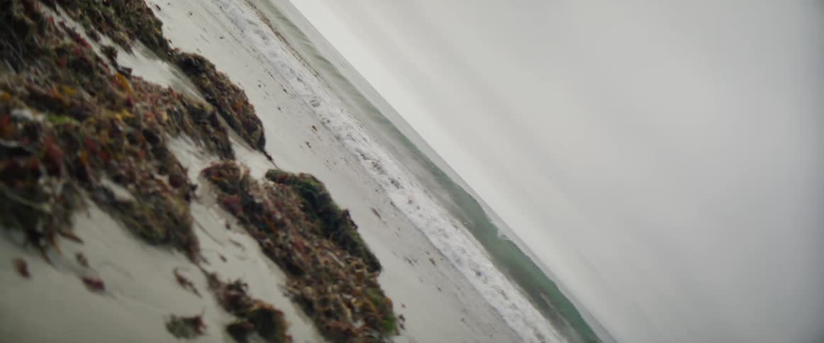 Waves roll in over a beach under a cloudy sky