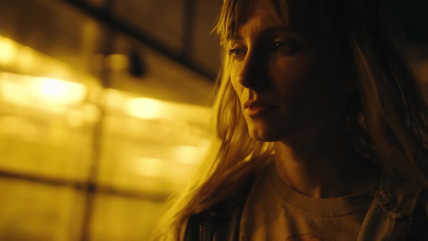 A woman is walking outside in the dark