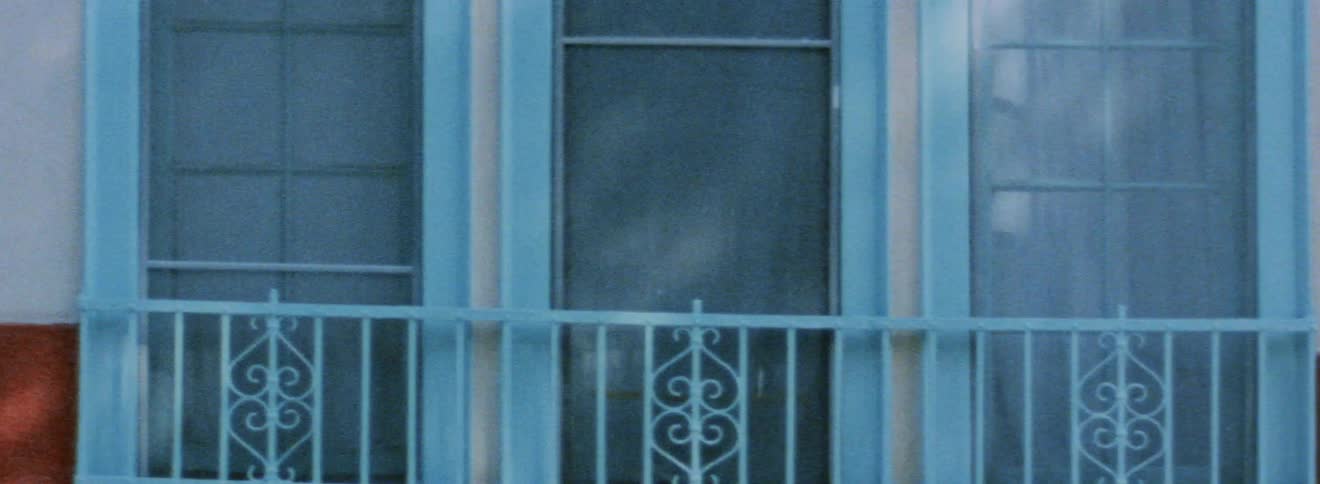 Doors and windows on a balcony with light blue trim