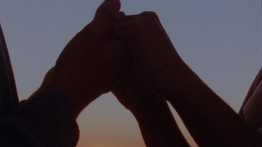 The silhouette of two people holding hands at sunset