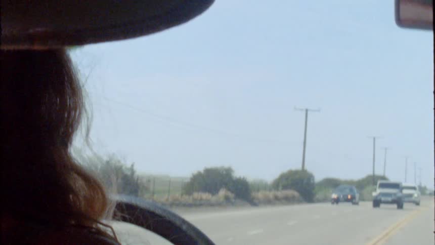 A woman is driving a car on a road in spring
