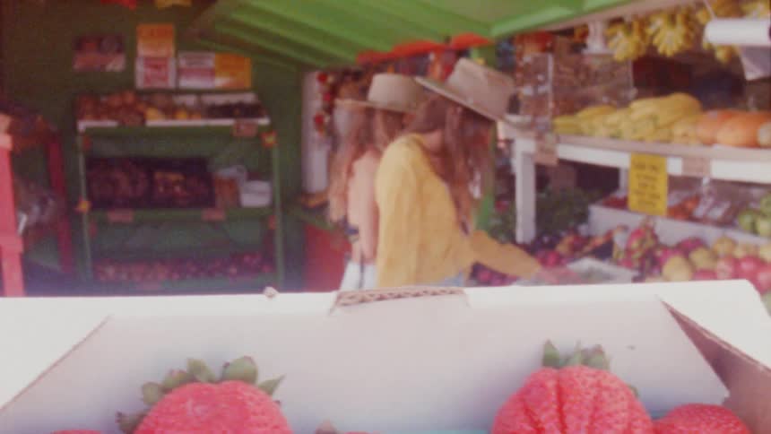 Two people shopping for food in a shop