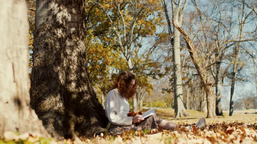 Young woman wearing a skirt sitting on the ground next to a tree reading