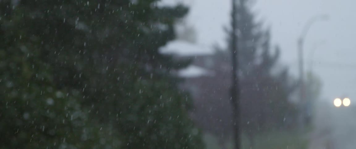 Its snowing in a neighborhood at dusk