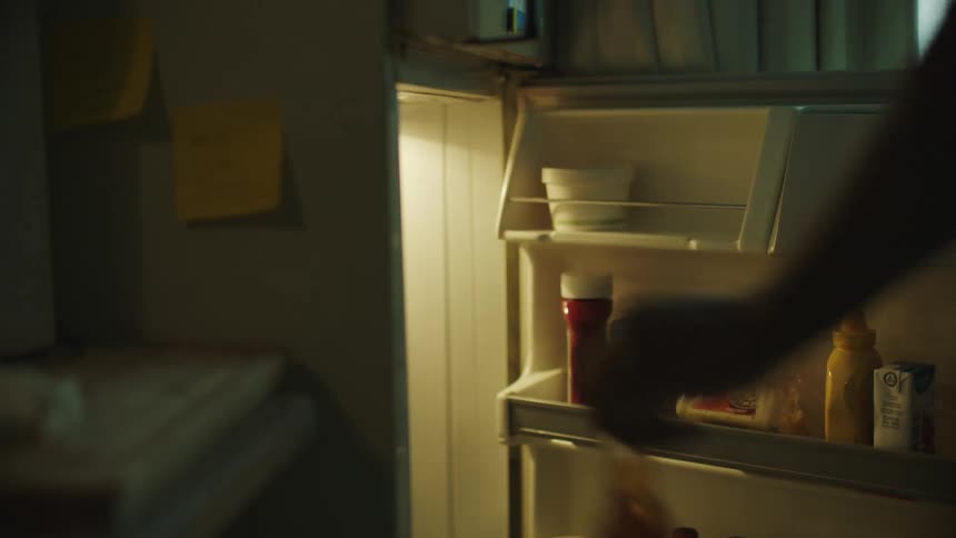 A person opens a fridge and gets a bottle out of it