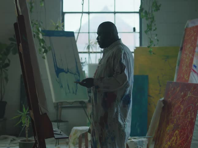 A black man is painting a canvas while holding his palette