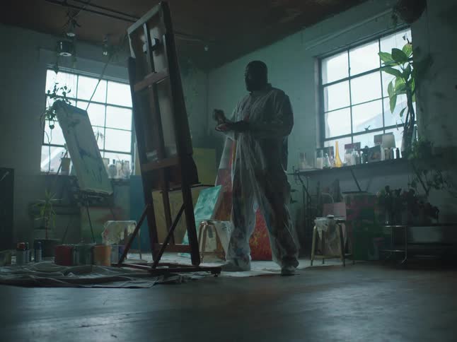 Man painting with a brush on a canvas over an easel inside a studio
