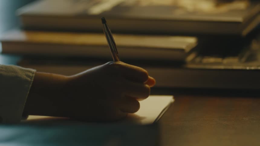 A person writes with a pen at a desk