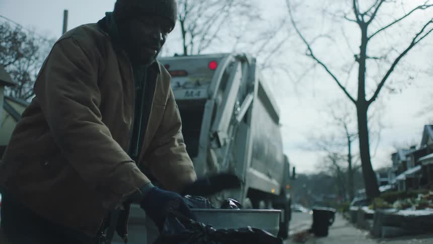 A man gets off a garbage truck in a neighborhood and dumps some trash bags