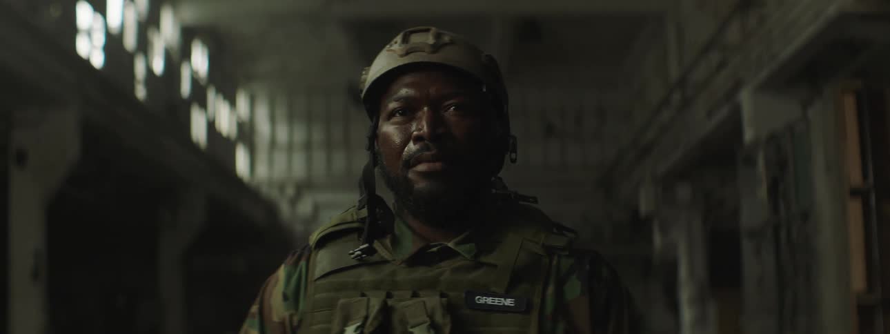 A black man wearing camouflage fatigues and a helmet is looking ahead very seriously