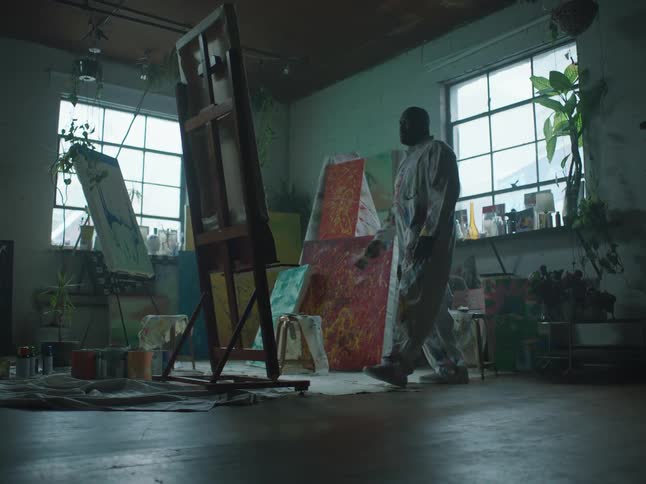 A man is painting on a canvas indoors
