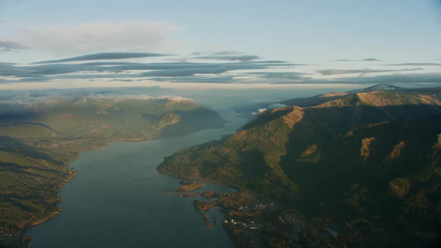 Flying high above the stunning Columbia River in the Pacific Northwest in this high altitude sunset aerial