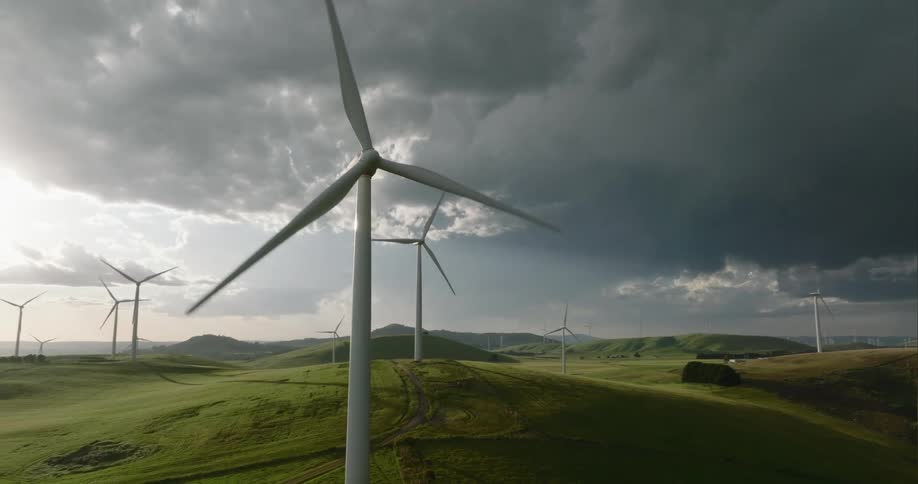 Aerial view of wind turbines on wind farm on cloudy day