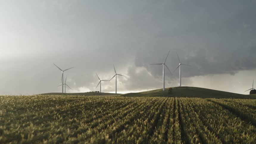 Past the farm crops the hills are covered in windmills