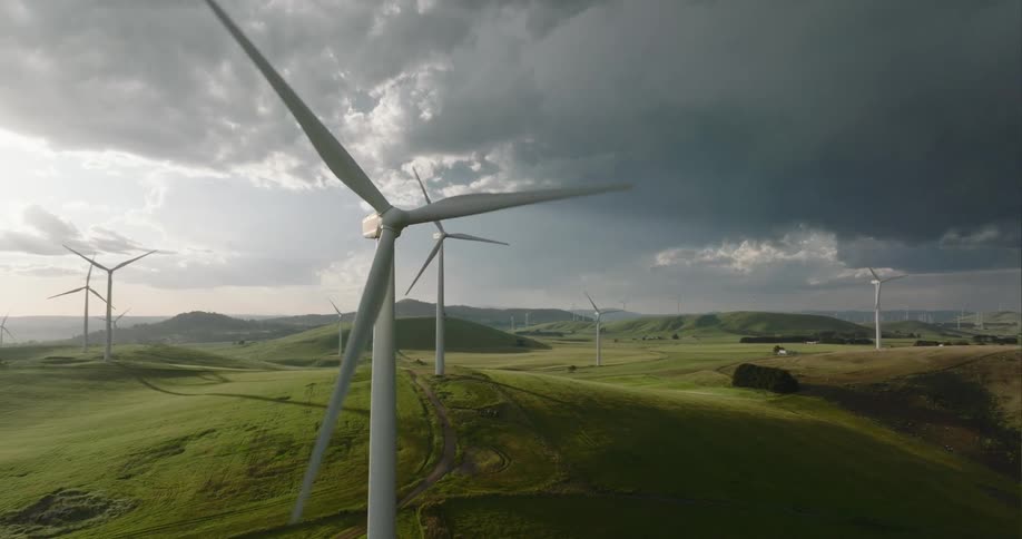 Wind turbine blades turns slowly as storm front blows across sky