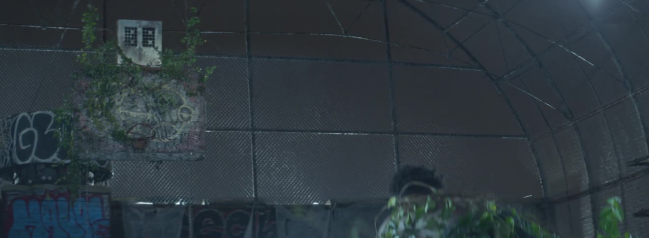 A man wrapped in vines stands in an outdoor basketball court