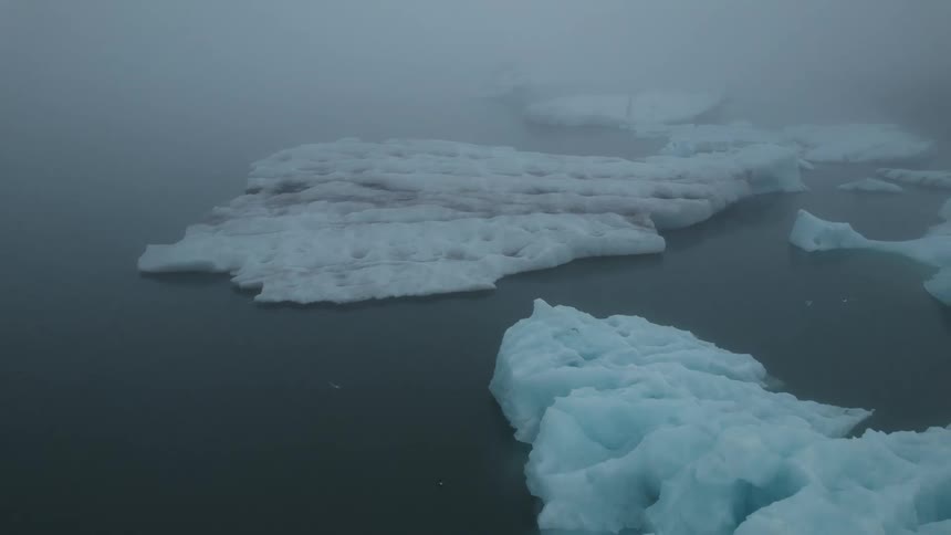 Large icebergs float on the water on a dreary foggy day