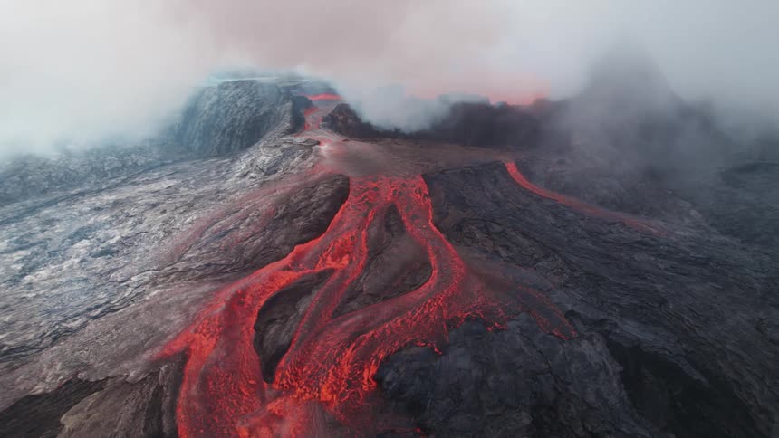 Smoke fills the air as a volcano erupts