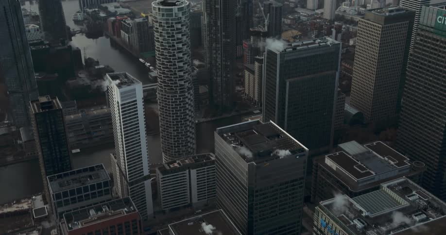 An aerial view of high rise office buildings in a downtown area
