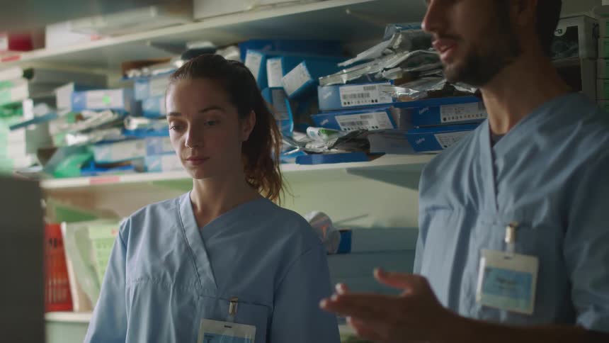 Female medical worker talking with male medical worker