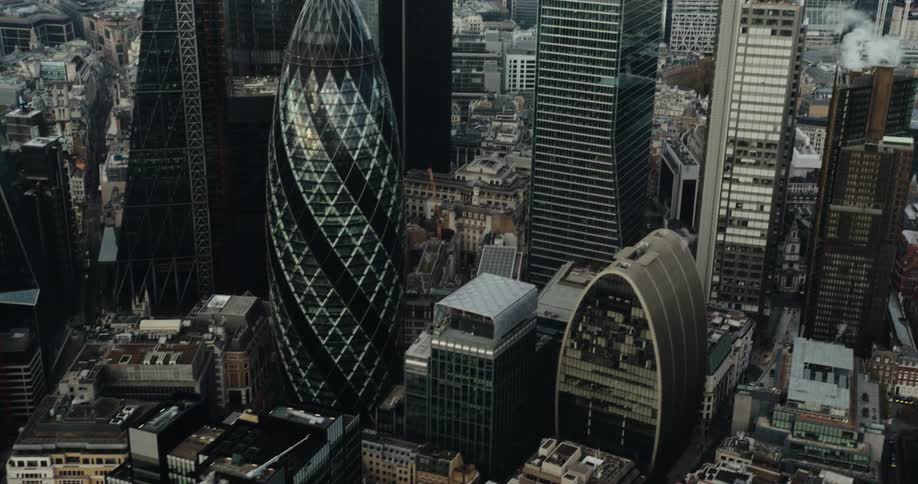 Aerial view of high rise office buildings with towers in the city