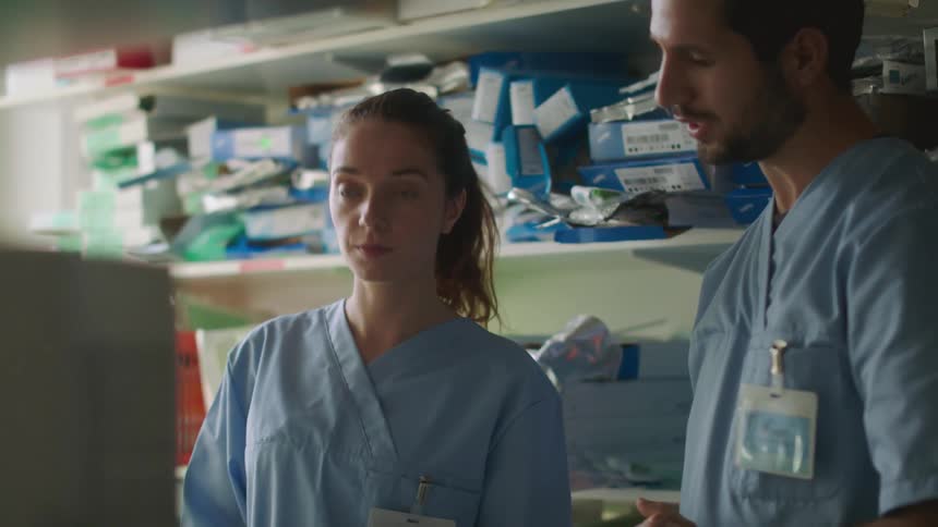 A man and a woman working in a medical facility are talking to each other as they work