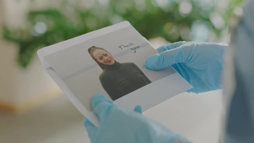 A view of someone holding a picture of a woman
