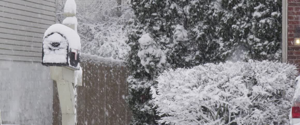 Snow falling in a residential area