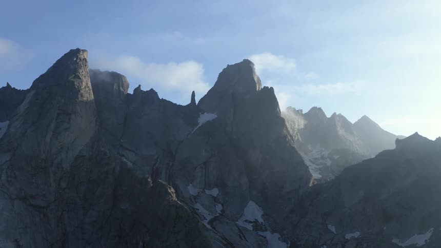Mountain ridge with peaks high in the sky