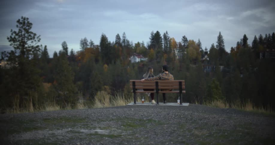 A man sits on a park bench overlooking a forest with his arm around a woman as they talk