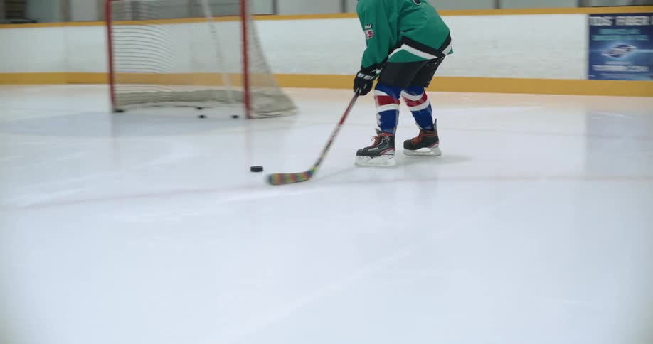 A hockey player makes a goal on the rink