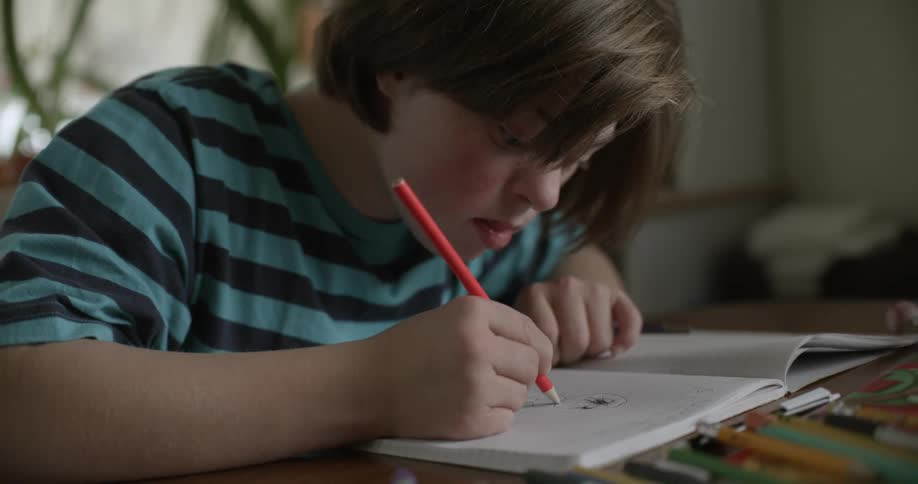 A child with downs syndrome colors and draws in a notebook with pencil