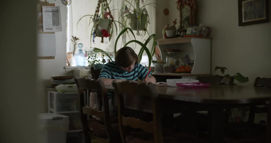 A girl does homework at her dining room table