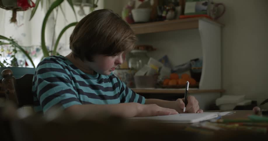 A person is writing in a book on the table