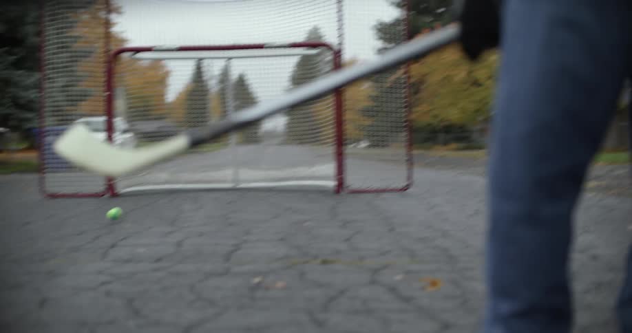 A person is using a hockey stick to hit a ball into a net on a neighborhood street