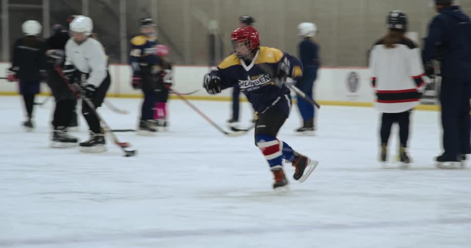 A hockey player takes a shot and celebrates the outcome