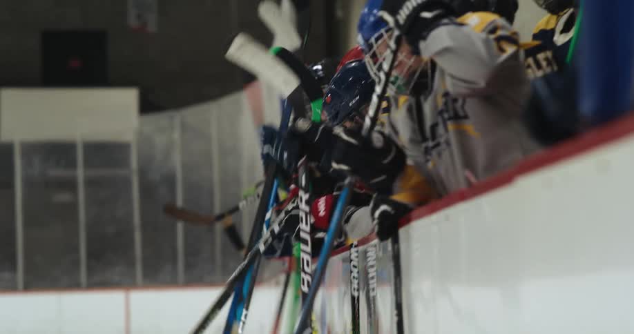 A group of hockey players slam their sticks against the wall
