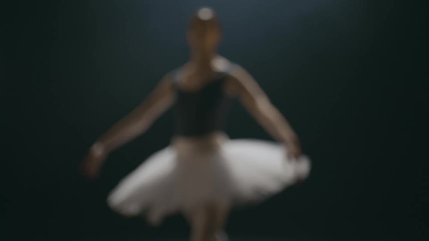 Ballerina stands in dance pose on stage under spotlight