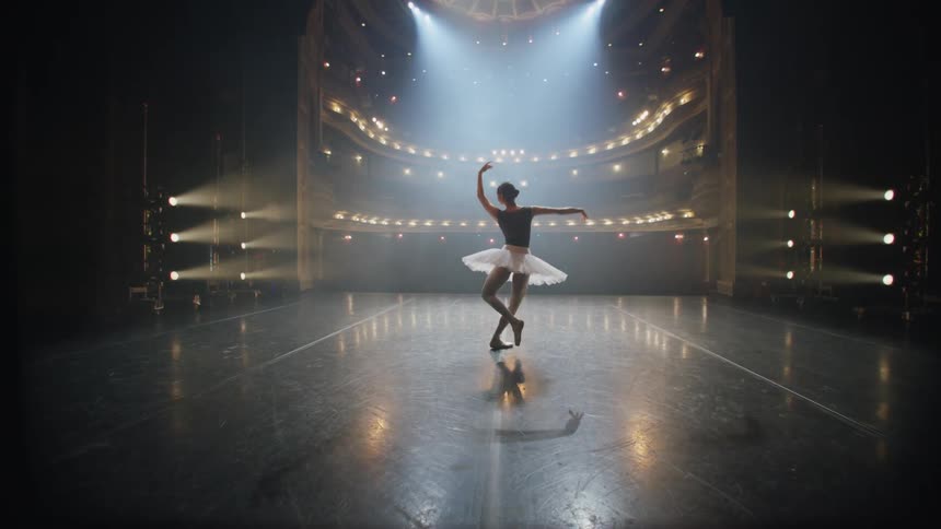 A ballerina is performing on the brightly lit stage