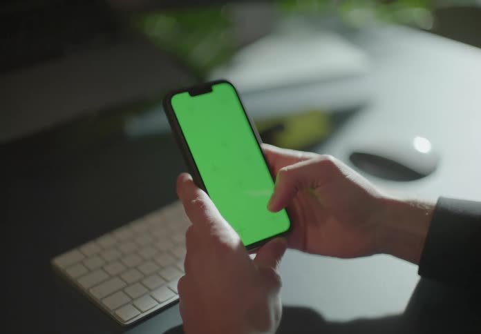 Close up male hands scrolling on a cell phone at his desk