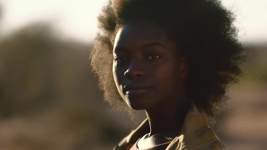Moody portrait of a powerful black woman who looks directly into the camera