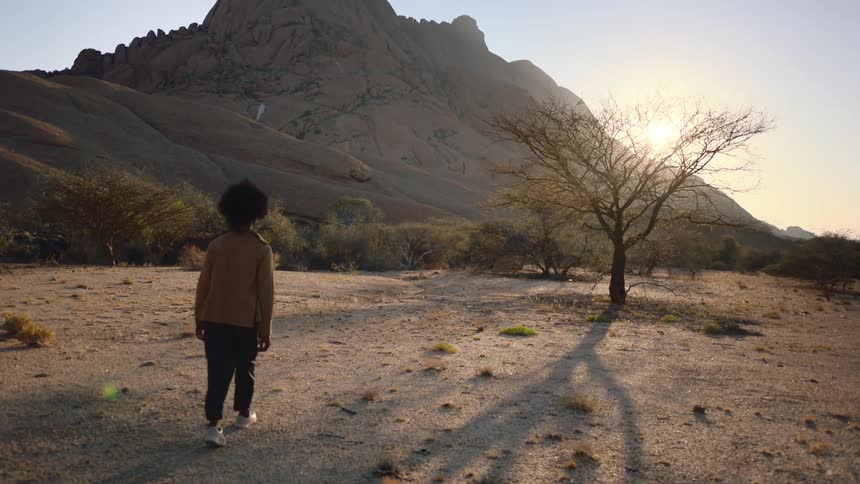 Woman walks in the desert to a tree with mountain in the background at sunset