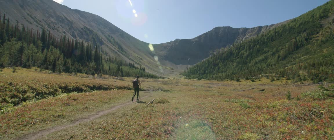 A person hiking alone near mountains on a sunny summer day