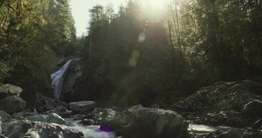 Water is flowing down a hill and through rocks in a river in the forest