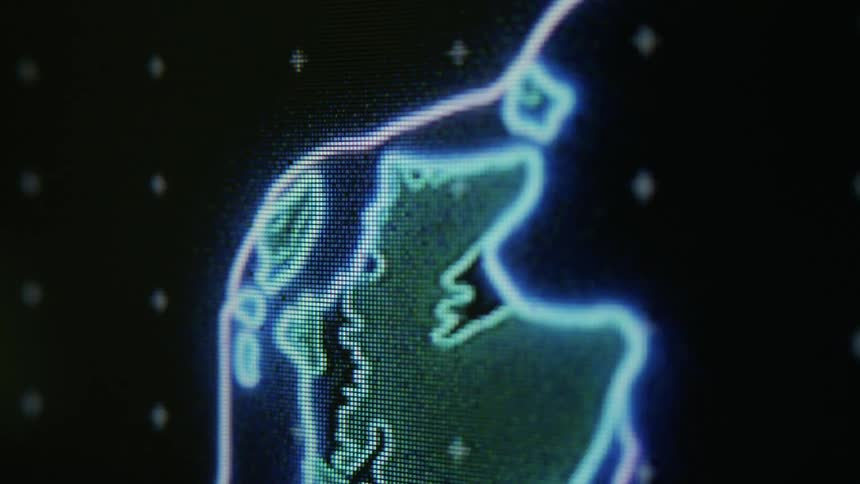 A display shows a coastline with some lighted lines around it