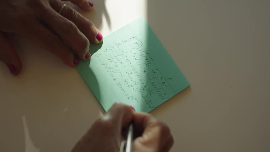 A woman writes a list on a small piece of paper