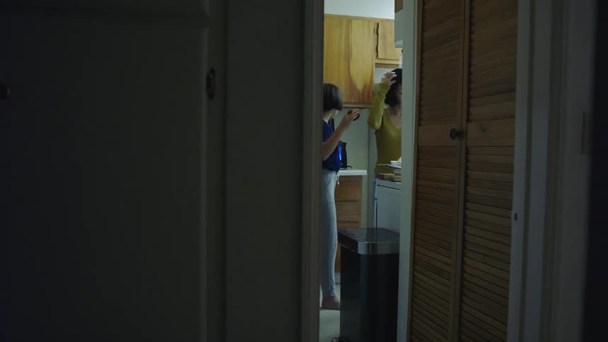 Two people are standing in a kitchen together