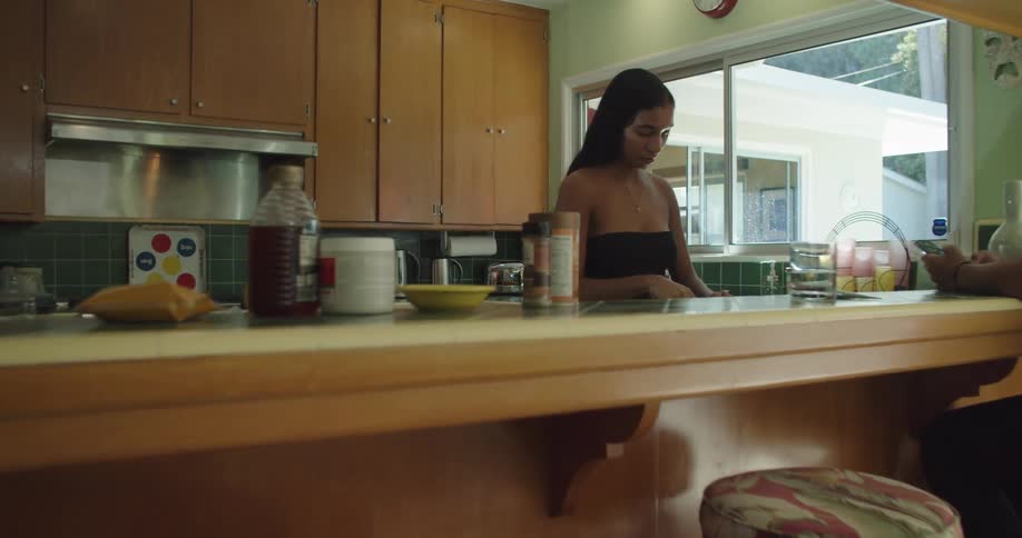 A woman is in the kitchen chopping vegetables while a man sits at the breakfast bar and another woman sits in the dining room