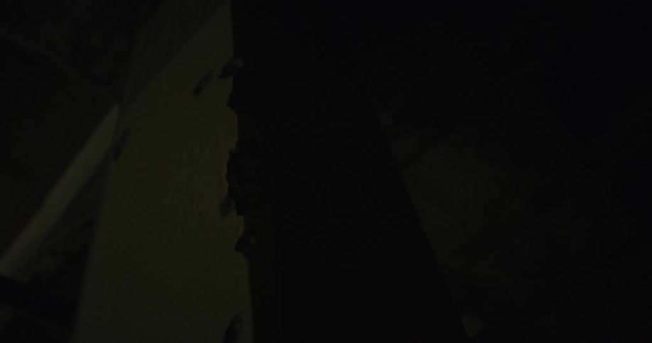 Red laser light scanning the roof walls and columns inside a dimly lit room